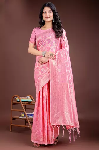 pink color woven linen cotton saree