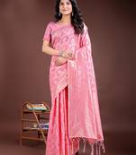 pink color woven linen cotton saree