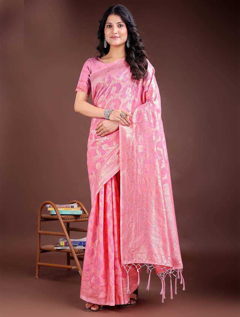 pink color woven linen cotton saree