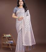 grey color woven linen cotton saree