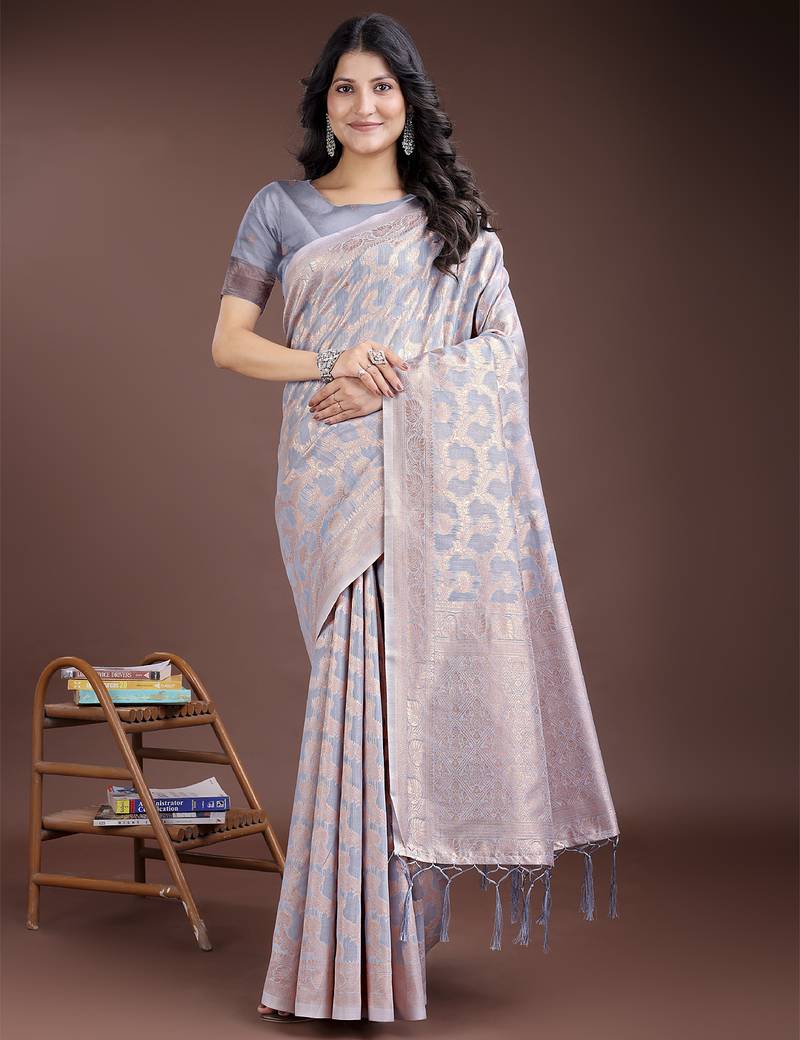 grey color woven linen cotton saree