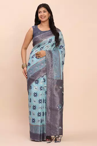 navy blue woven linen cotton saree