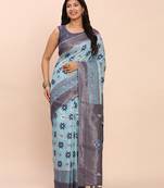 navy blue woven linen cotton saree