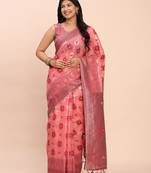 peach woven linen cotton saree