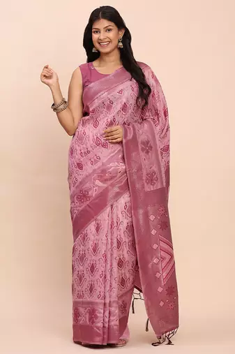 light pink woven linen cotton saree