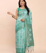 sea green woven linen cotton saree