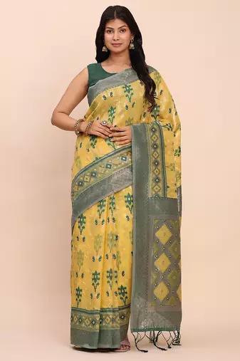 yellow woven linen cotton saree
