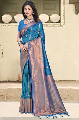 blue color zari woven art silk party wear saree