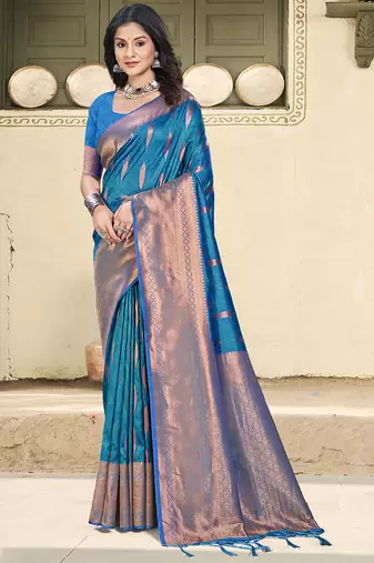blue color zari woven art silk party wear saree