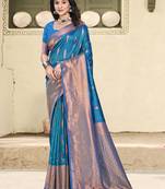 blue color zari woven art silk party wear saree