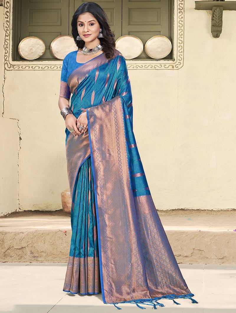blue color zari woven art silk party wear saree