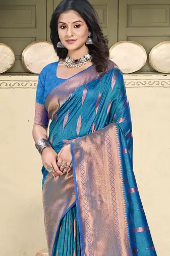 blue zari woven art silk blend party wear saree