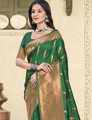 green color zari woven art silk blend party wear saree 3
