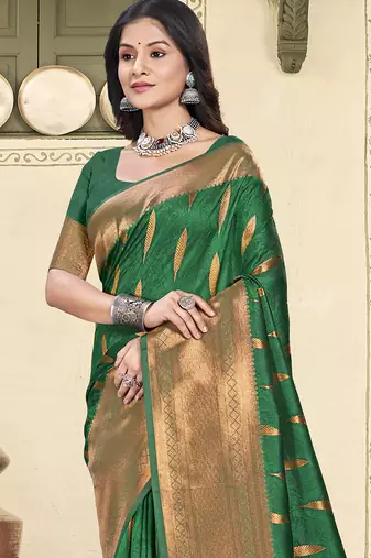 green color zari woven art silk blend party wear saree