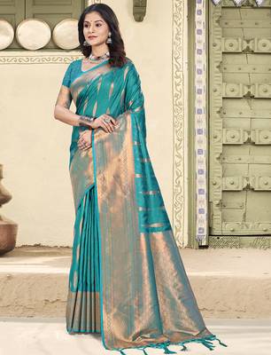 sky blue color zari woven art silk blend party wear saree 1