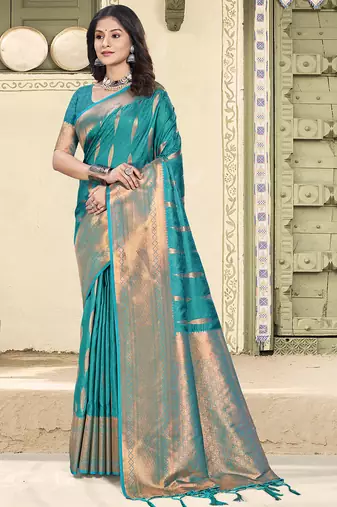 sky blue color zari woven art silk party wear saree