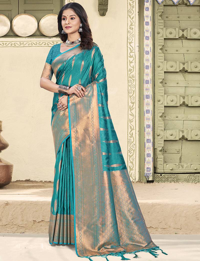 sky blue color zari woven art silk party wear saree