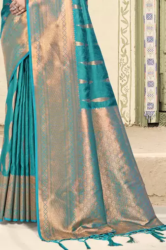 sky blue color zari woven art silk blend party wear saree