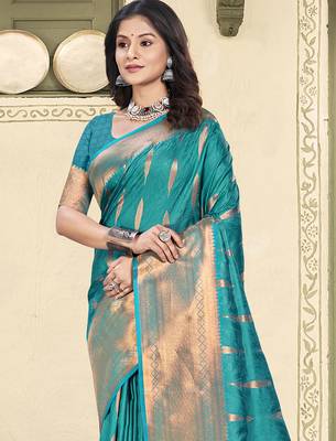 sky blue color zari woven art silk blend party wear saree 3