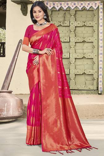 pink color zari woven art silk party wear saree