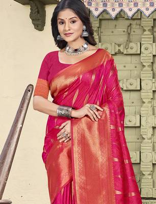 pink color zari woven art silk blend party wear saree 3