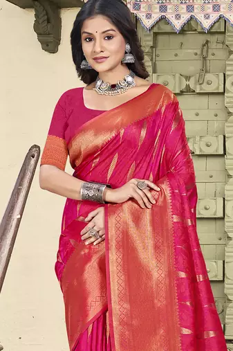 pink color zari woven art silk blend party wear saree