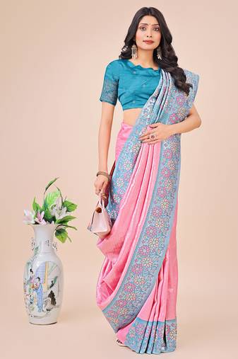 pink color woven lichi art silk blend saree 