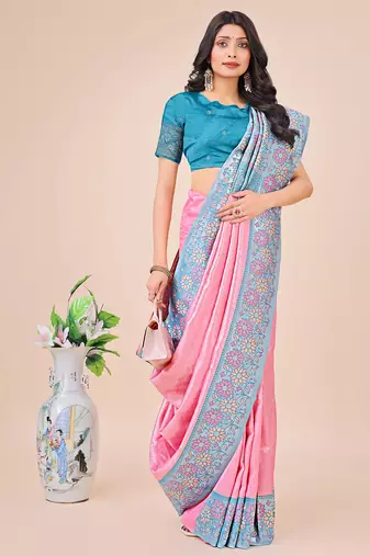 pink color woven lichi art silk blend saree 