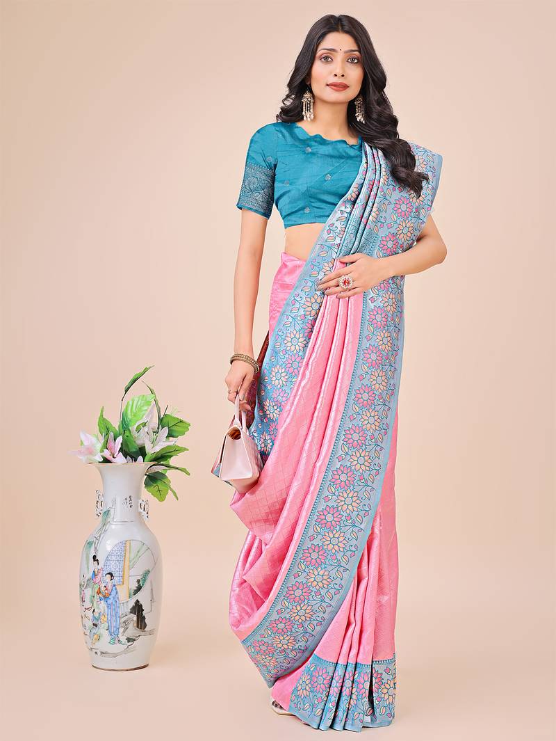 pink color woven lichi art silk blend saree 