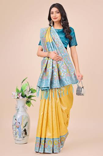 yellow color woven lichi art silk blend saree 