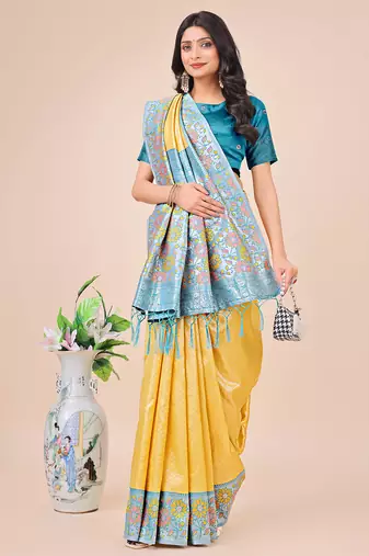 yellow color woven lichi art silk blend saree 