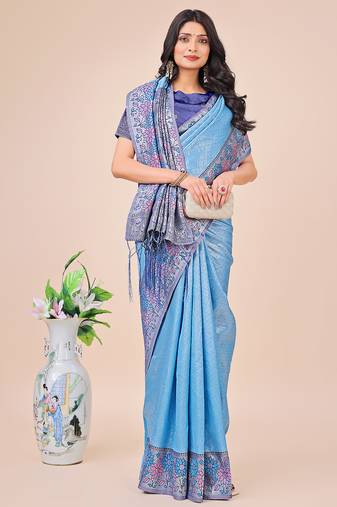 sky blue color woven lichi art silk blend saree 