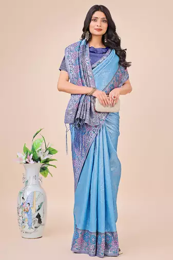 sky blue color woven lichi art silk blend saree 