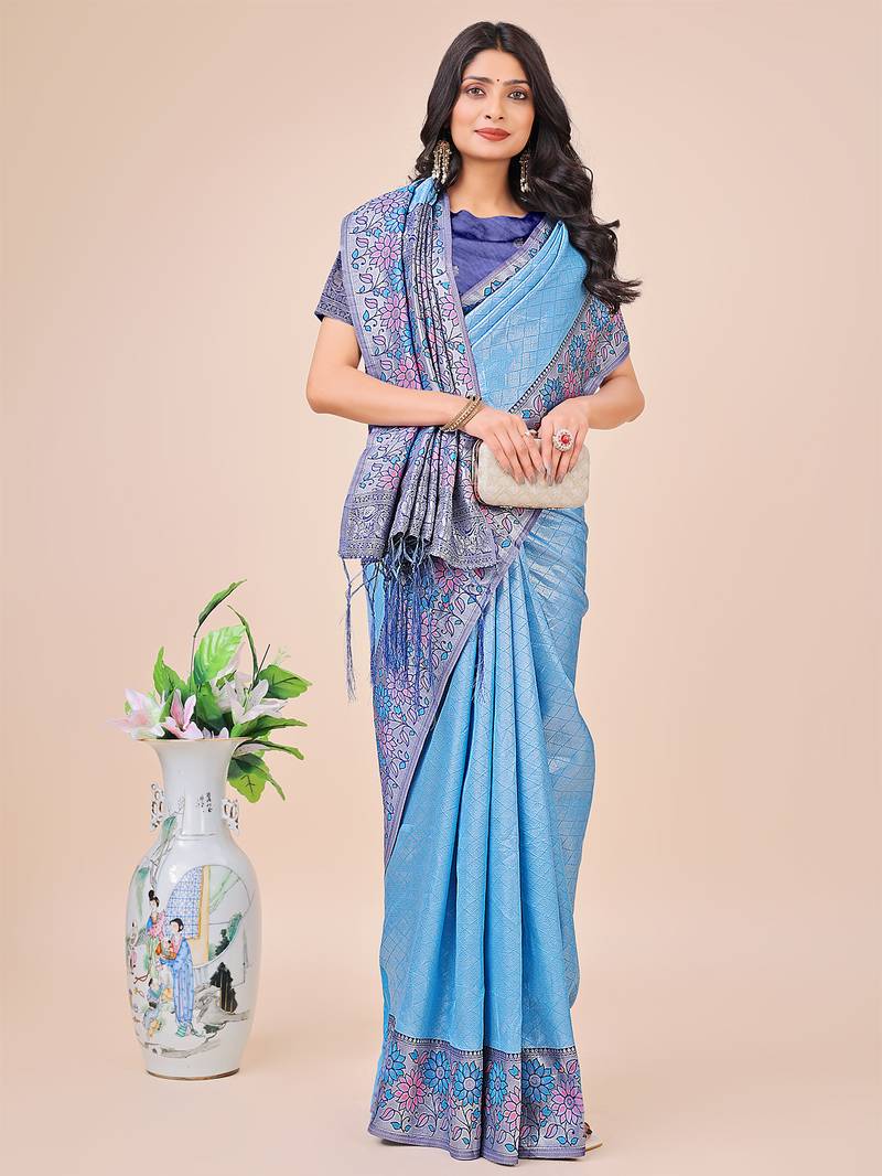 sky blue color woven lichi art silk blend saree 