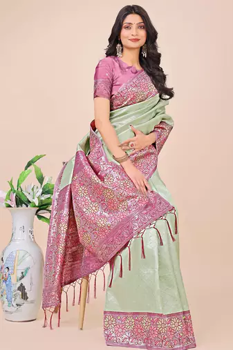 olive green color woven lichi art silk blend saree 