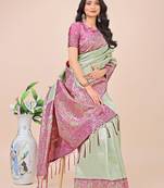 olive green color woven lichi art silk blend saree 