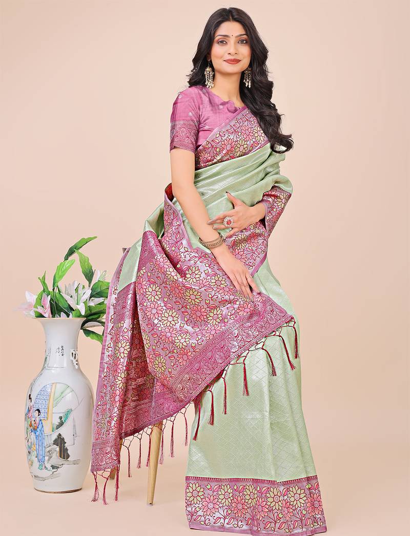 olive green color woven lichi art silk blend saree 