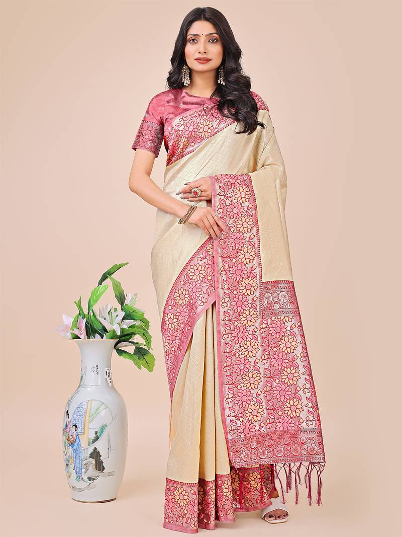 cream color woven lichi art silk blend saree 