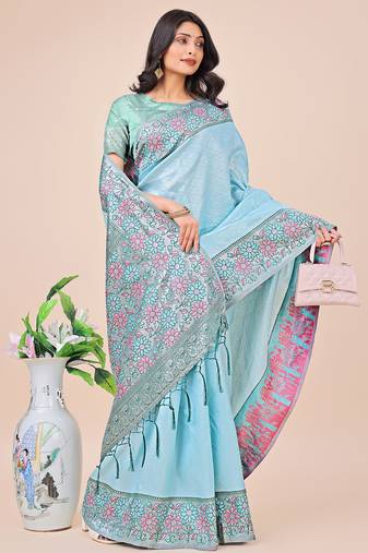 teal color woven lichi art silk blend saree 