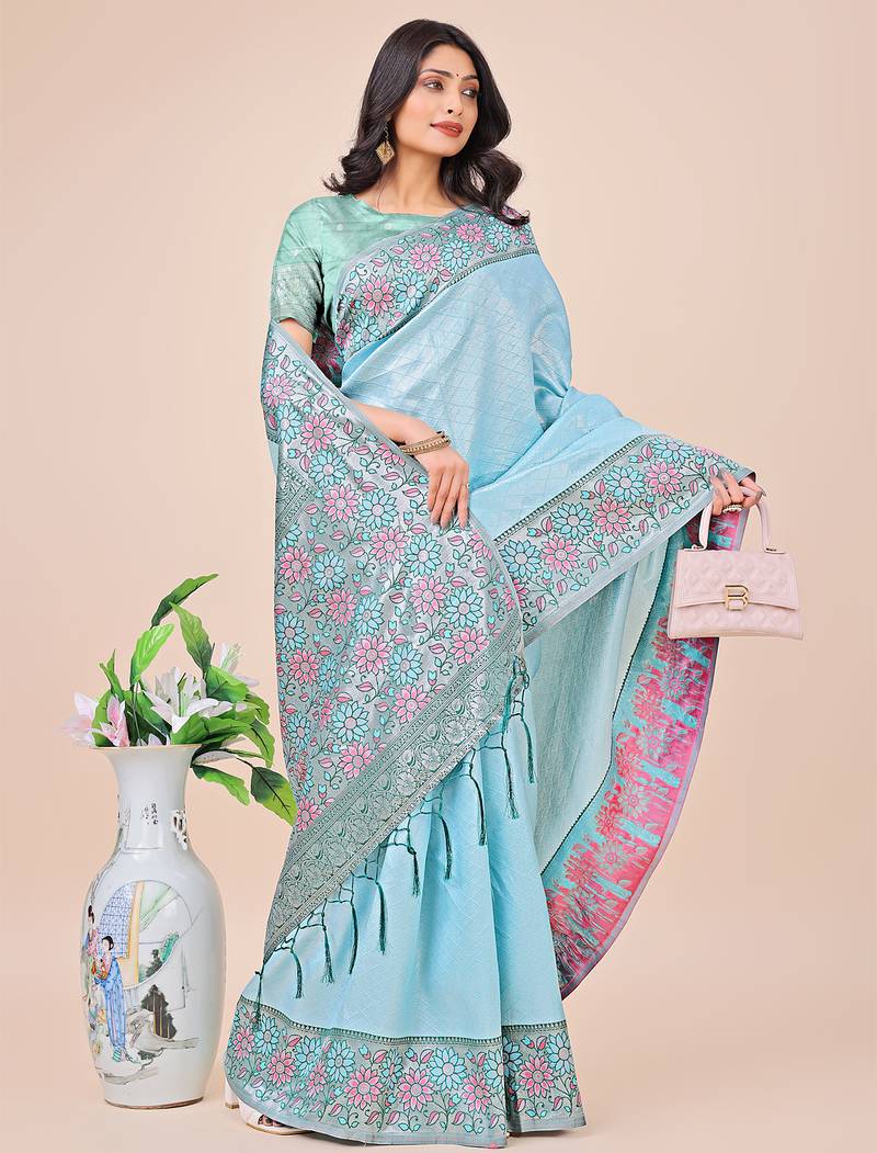 teal color woven lichi art silk blend saree 