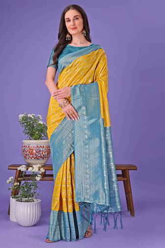 yellow color woven lichi art silk blend saree 