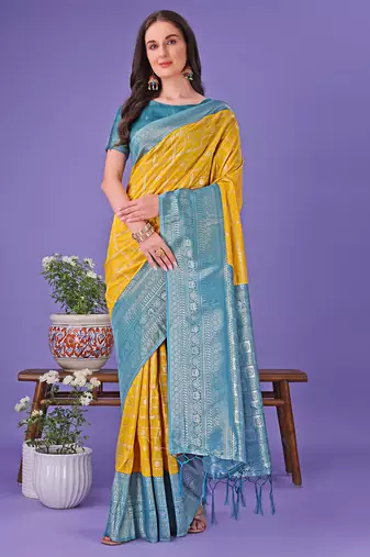 yellow color woven lichi art silk blend saree 