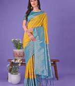 yellow color woven lichi art silk blend saree 