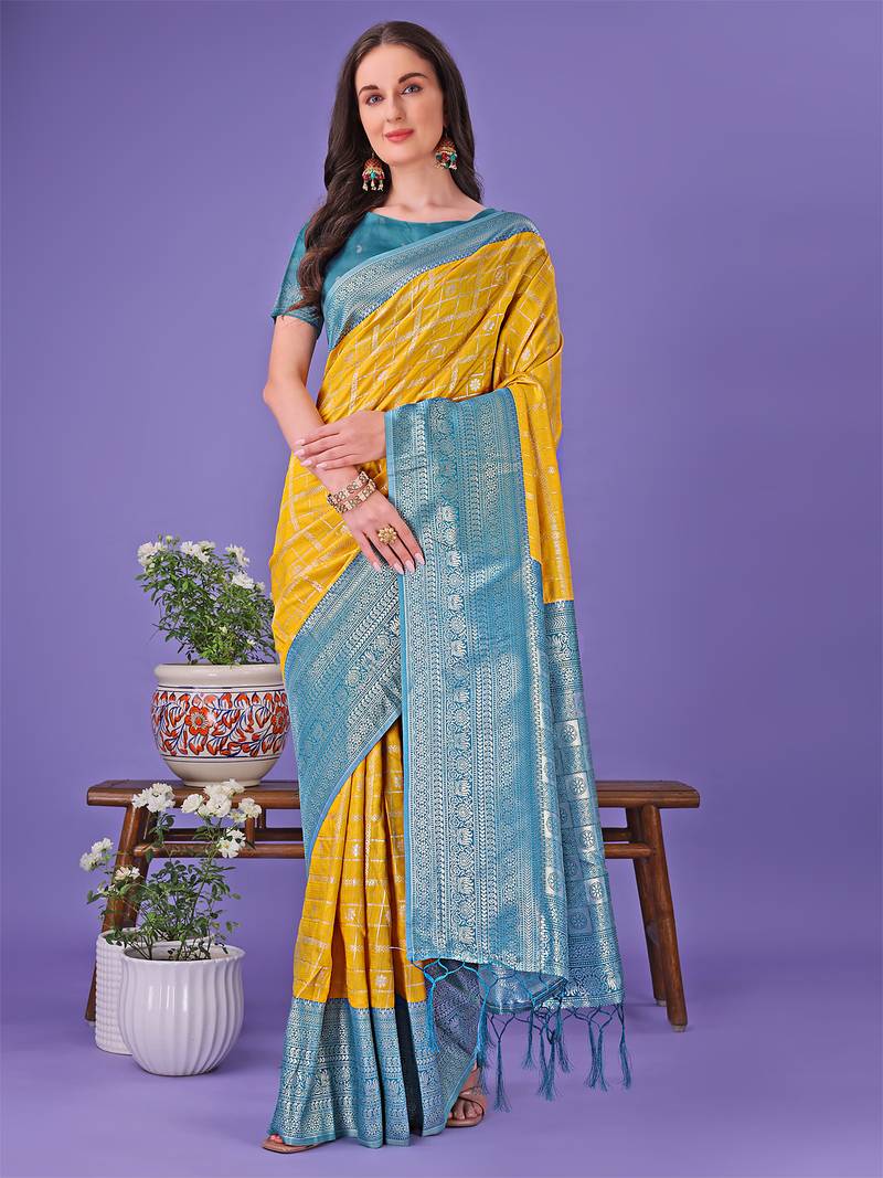 yellow color woven lichi art silk blend saree 