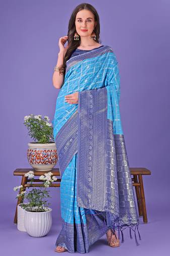 sky blue color woven lichi art silk blend saree 