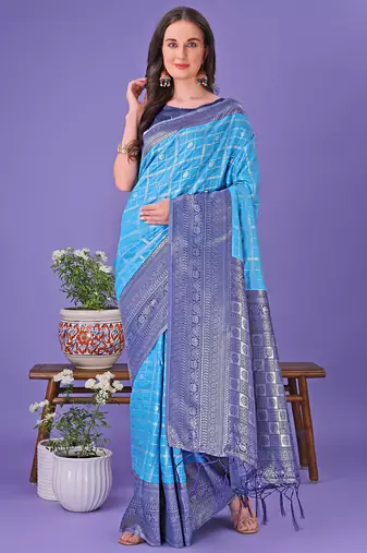 sky blue color woven lichi art silk blend saree 