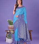 sky blue color woven lichi art silk blend saree 