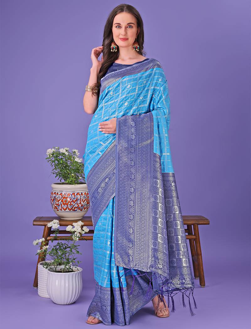 sky blue color woven lichi art silk blend saree 