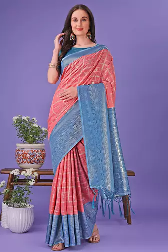 peach color woven lichi art silk blend saree 