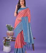 peach color woven lichi art silk blend saree 